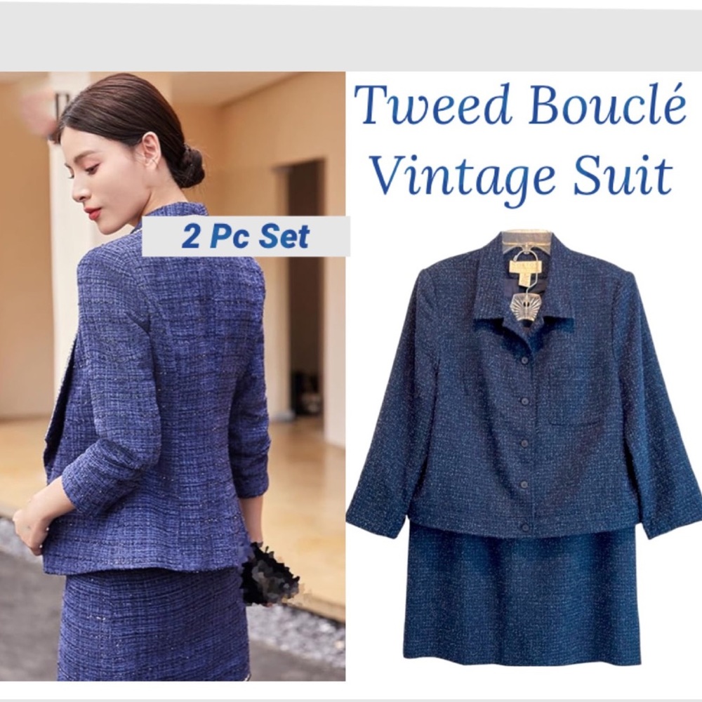 Vintage Bouclé 2 Pc Suit Skirt Blazer Set Executive Tweed Blue Gray Black Siz 16